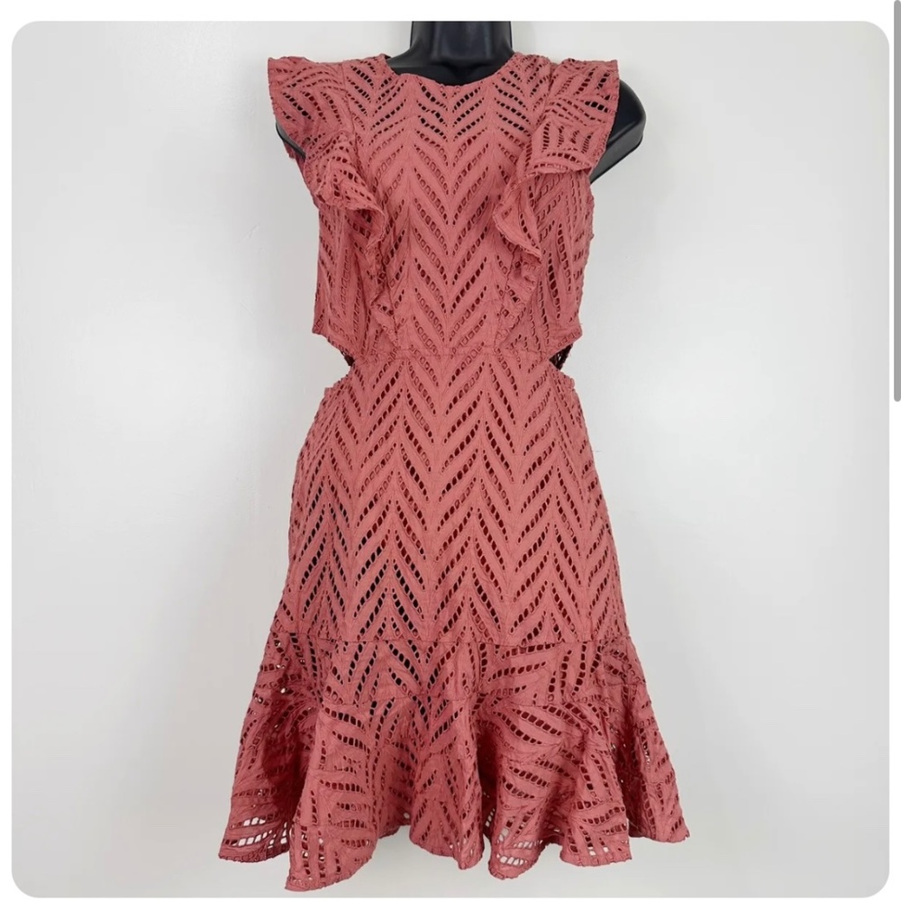 Revolve Bardot Aria Eyelet Cutout Short Dress Ruffle Moroccan Rose